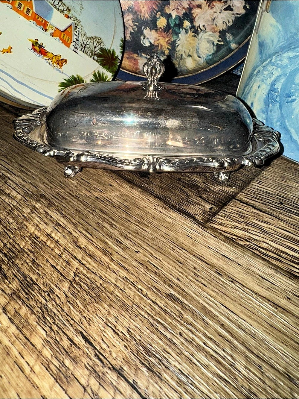Vintage Silver Plated Ornate Covered butter Dish-3 piece set